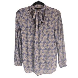 Lucky Brand Feather Print Tie Front Blouse Blue Rayon Size Small